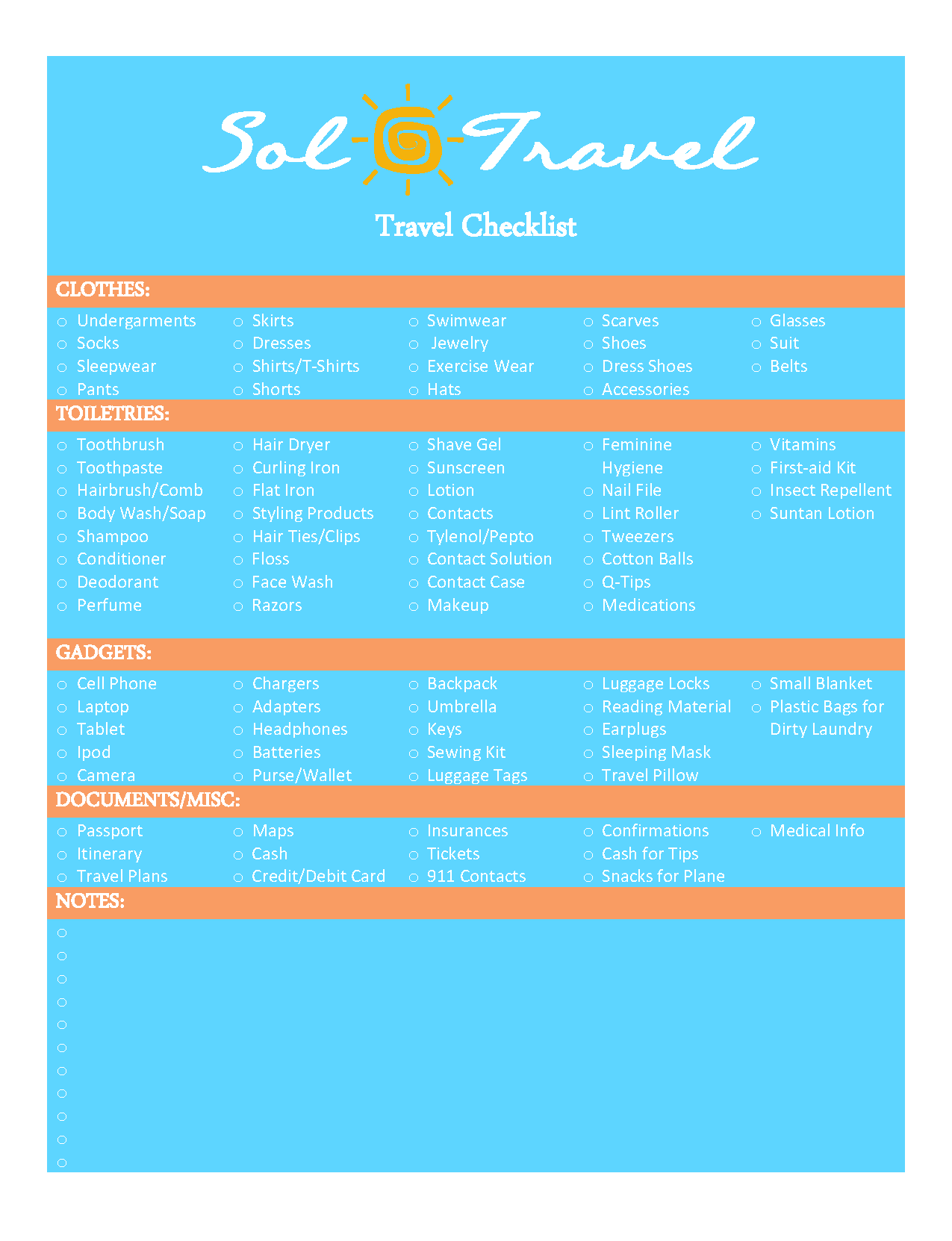 Travel Checklist Sol Travel